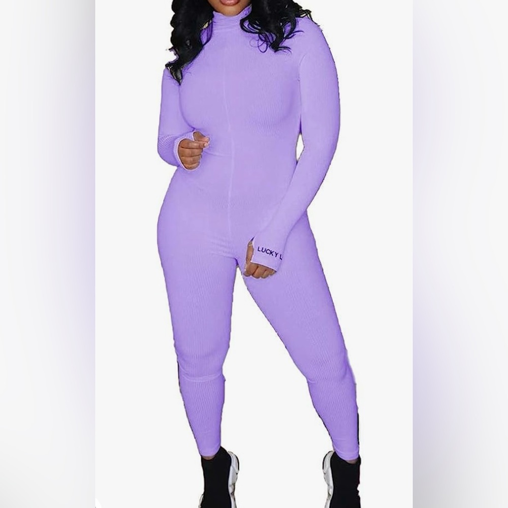 New One Piece ribbed lucky label zipper Jumpsuit -Long Sleeve High Waist sz L